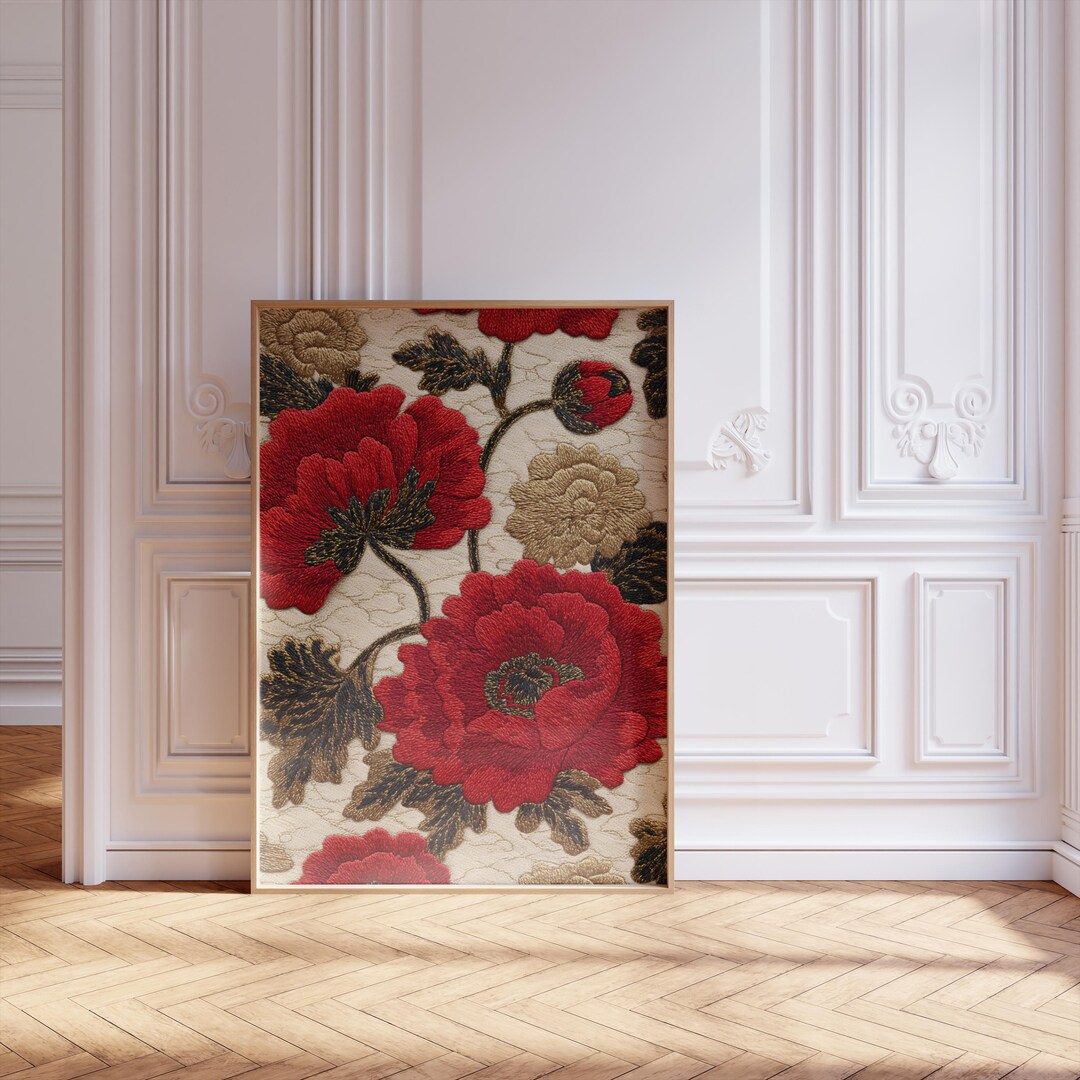 Vintage Red Floral Wall Art Print, Embroidered Style Flower Poster ...