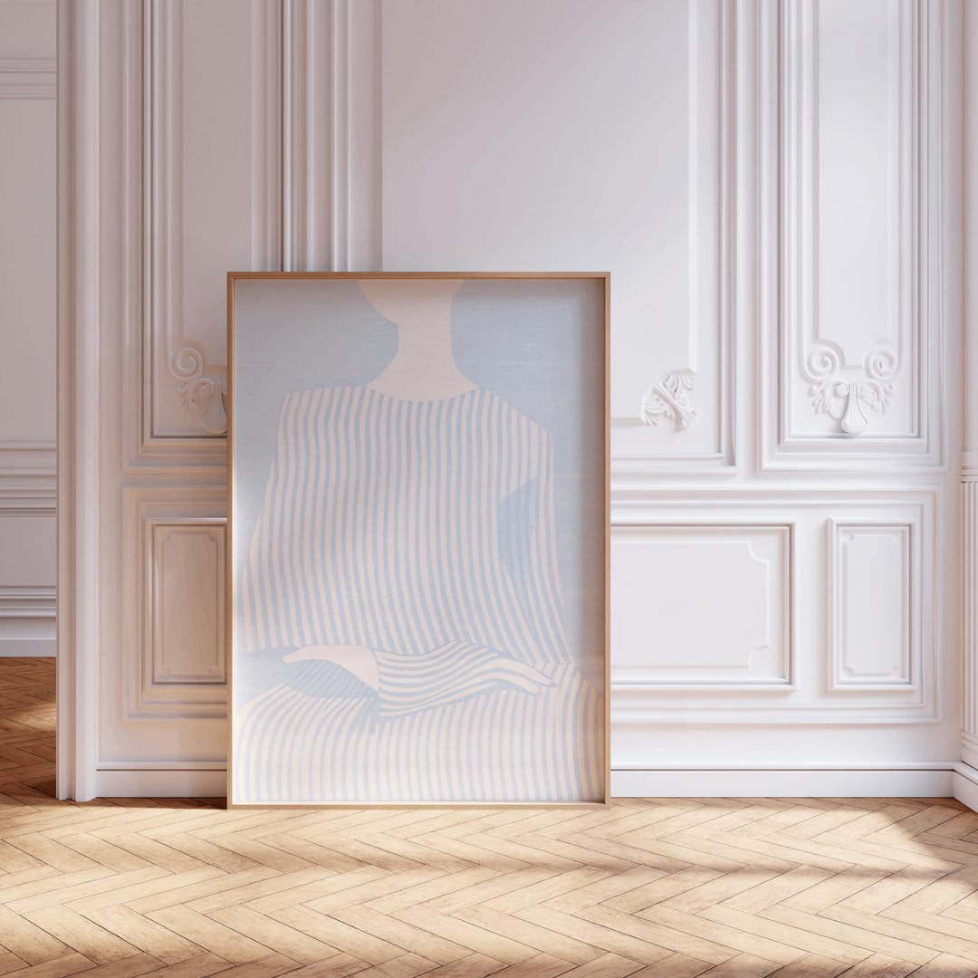 Abstract Woman Art Print, Blue Minimalist Wall Art, Striped Dress ...