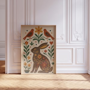 Volkhaas illustratie Fine Art poster, Scandinavische volkskunst konijn print, Scandinavische bloemen dieren illustratie