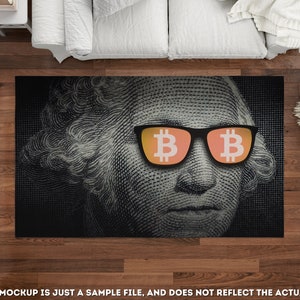 May include: A black and white rug featuring a portrait of George Washington wearing sunglasses with Bitcoin symbols on the lenses.