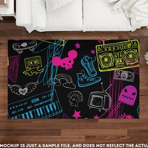 May include: A black and white rug with a retro 80s theme. The rug features a cassette tape, a boombox, a skateboard, a keyboard, a TV, a ghost, and a pair of trainers. The rug is decorated with neon pink, yellow, and blue lines.