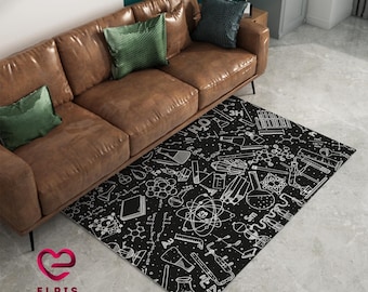 Chalkboard Science Chemistry Area Rug, Geeky STEM Student Dorm Chenille Carpet