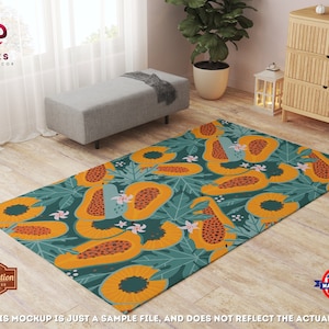 Papaya Rug, Papaya Leaves Botanical Rug, Exotic Fruit Room Decor, Papaya Seeds Area Rug, Tropical Fruit Decor, Y2k Aesthetic Dorm Decor