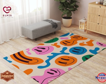 Trendy smiley tapijt, groovy decor, trippy smiley tapijt, y2k kamerdecor, smeltend smiley tapijt, smiley decor, studentenkamer cadeau