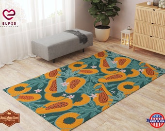 Papaya Rug, Papaya Leaves Botanical Rug, Exotic Fruit Room Decor, Papaya Seeds Area Rug, Tropical Fruit Decor, Y2k Aesthetic Dorm Decor