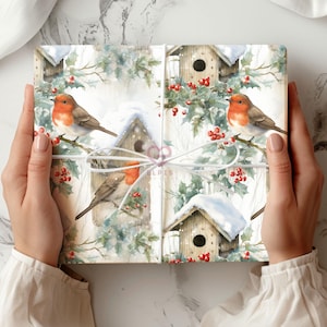 Christmas Wrapping Papers, Robin Birdhouse Winter Holly Watercolor Illustration, Holiday Gift Wrap, Festive Decor, Craft Supplies, Cute