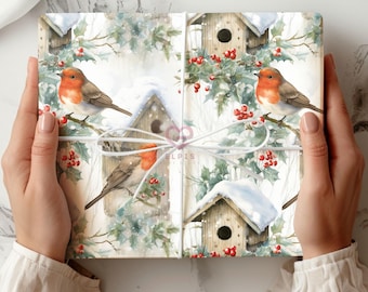 Christmas Wrapping Papers, Robin Birdhouse Winter Holly Watercolor Illustration, Holiday Gift Wrap, Festive Decor, Craft Supplies, Cute