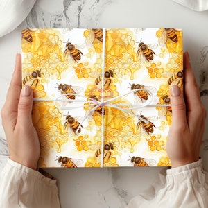 Honey Bees Gift Wrap, Honeycomb Decor, Bee Wrapping Paper Roll, Honey Bee Lover Gift, For Beekeeper Bee Enthusiasts, Cute Craft Supplies