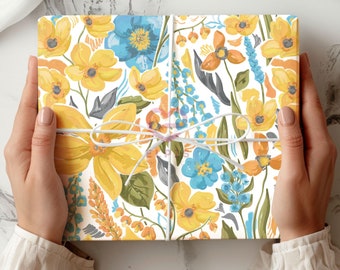 Vibrant Floral Wrapping Paper, Hand-Painted Yellow Blue and Orange Blooms with Lush Greenery, Botanical Gift Wrap