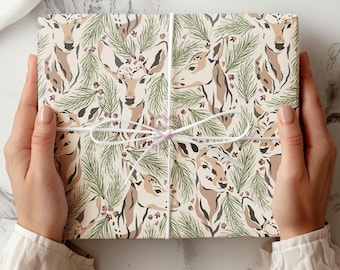 Woodland Deer and Pine Gift Wrap, Rustic Nature Wrapping Paper, Woodland Forest Decor, Cute Christmas Birthday Gift Wrap Roll