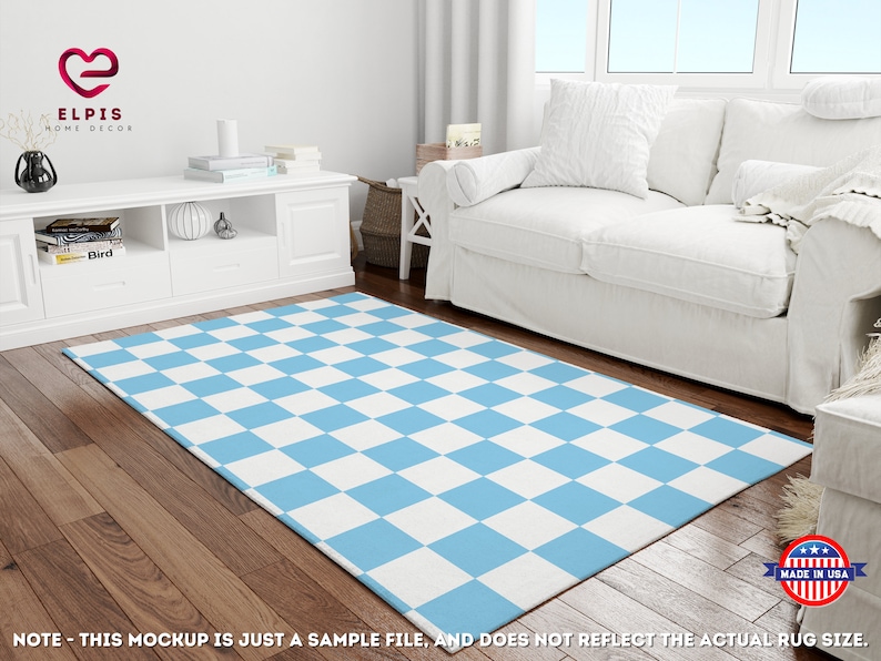 Baby Blue Checkered Rug, Checkered Decor Area Rug, Groovy Rug, Retro Danish Pastel Area Rug, 70s