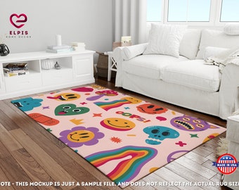 Tappeto con elementi psichedelici fantastici, tappeto con decorazioni hippie alla moda, tappeto con arte surrealista retrò alla moda, tappeto psichedelico colorato, tappeto con forme psichedeliche