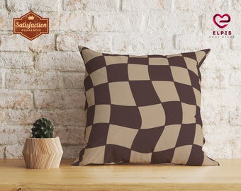 Dark Brown and Beige Checkered Pillow, Retro Checkered Decor, Earthcore Checkerboard Throw Pillow, College Dorm Decor, Trendy 70s Pillowcase
