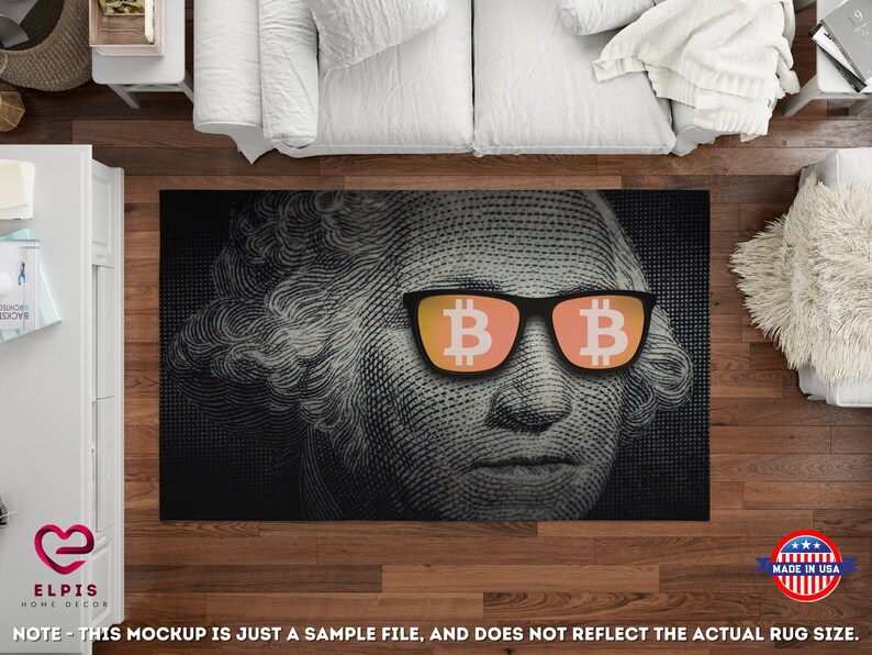 May include: A black and white rug featuring a portrait of George Washington wearing sunglasses with Bitcoin symbols on the lenses.