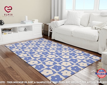 Tappeto a scacchi con fiori blu, tappeto a scacchi retrò con motivi floreali per l'arredamento danese del dormitorio in stile pastello