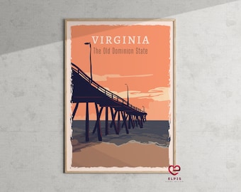 Affiche de Virginia Beach, art mural VA rétro, impression Old Dominion State, cadeau de voyage en Virginie, décoration côtière vintage