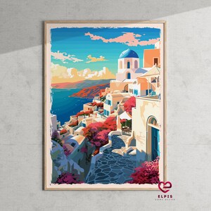 Art mural rétro de Santorin, affiche de voyage en Grèce, impression vintage de Santorin, cadeaux de voyage dans les îles grecques, impression d'art sur la mer Égée, Santorin, Grèce