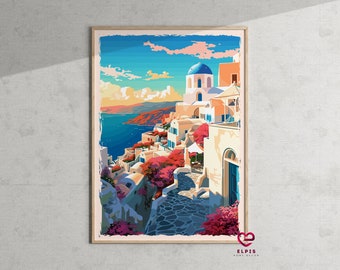 Retro Santorini Wall Art, Greece Travel Poster, Vintage Santorini Print, Greek Islands Travel Gifts, Aegean Sea Santorini Greece Art Print