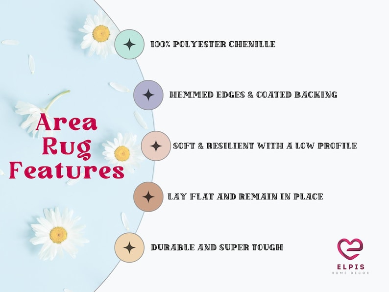 May include: Area rug features: 100% polyester chenille, hemmed edges & coated backing, soft & resilient with a low profile, lay flat and remain in place, durable and super tough. The image features a light blue background with white daisies.
