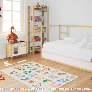 May include: A cream-colored alphabet rug with colorful animal illustrations and letters. The rug is in a child's bedroom with a wooden bed, a wooden shelf with toys, and a stuffed giraffe on a white and wood cabinet.