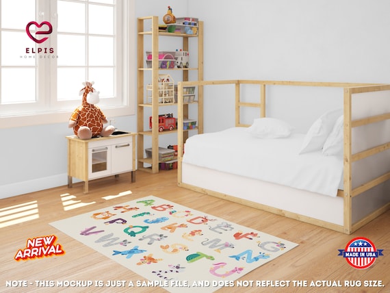 Animal Alphabet Rug, Danish Pastel Kids Room Decor, Beige English Alphabet Area Rug, Nursery Decor, Cute Animals Educational Playroom Rug