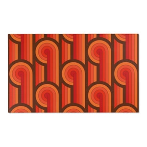 May include: A seamless pattern with a retro 70s design featuring orange, red, and brown curved lines and circles.