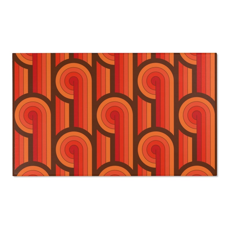 May include: A seamless pattern with a retro 70s design featuring orange, red, and brown curved lines and circles.