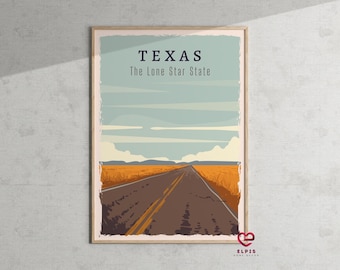 Retro Texas Poster, Texas Travel Gift, Lone Star Wall Art, Vintage Texas Artwork, Texas Wall Decor, Houston San Antonio Austin Texas Print