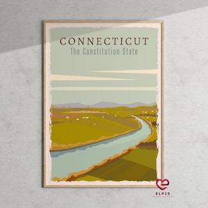 Connecticut Wall Art – Retro State Poster, Vintage Bridgeport Print, Constitution State Travel Gift, Home Office Decor