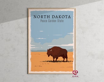 Retro North Dakota Poster – Great Plains Wall Art with Bison | Peace Garden State Travel Print & Modern ND Gift for Home Office Decor