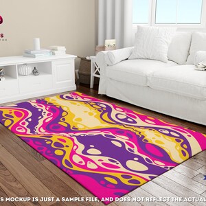 May include: Abstract area rug with a swirling pattern of pink, yellow, and purple. The rug has a modern, abstract design.