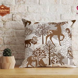 Scandinavian Throw Pillow, Norse Woodland Animals Pillowcase, Swedish Folk Art Woodland Pillow, Nordic Folk Art Decor, Danish Pastel Decor