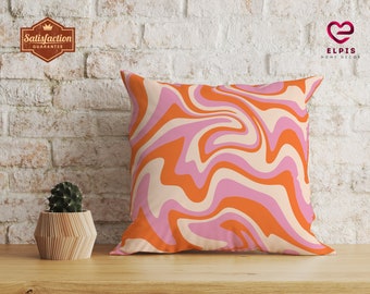 70s Style Pink Wavy Pillow, Preppy Room Decor, Trendy Y2K Throw Pillow, Pastel Indie Aesthetic Pillow, Mid Century Abstract Retro Pillowcase