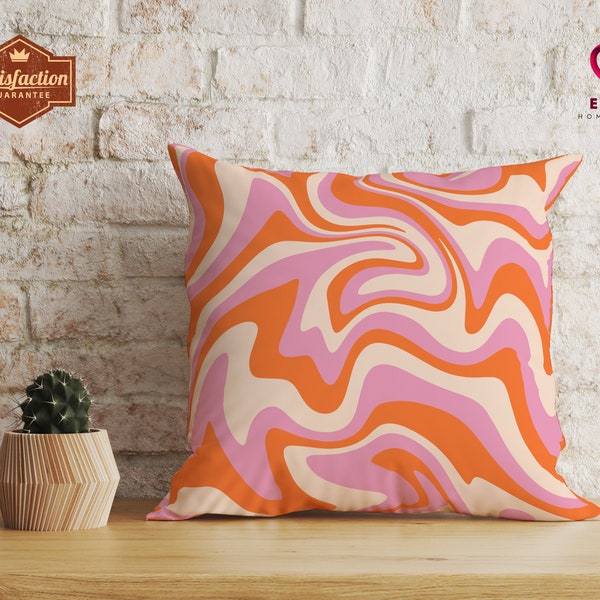 70s Style Pink Wavy Pillow, Preppy Room Decor, Trendy Y2K Throw Pillow, Pastel Indie Aesthetic Pillow, Mid Century Abstract Retro Pillowcase