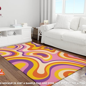 May include: A rectangular area rug with a retro wavy pattern in shades of yellow, orange, purple, and pink. The rug is placed on a wooden floor in front of a white sofa. The words "NEW ARRIVAL" and "MADE IN USA" are visible.