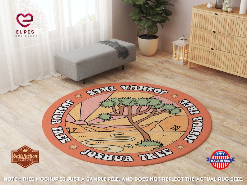 May include: A round, orange and brown area rug with a Joshua Tree design. The rug has the words "Joshua Tree" written around the edge in a retro font.