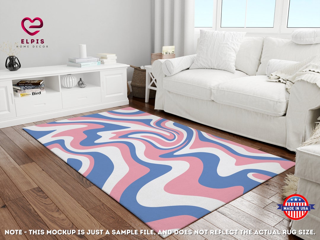 70s Style Blue Wavy Rug Indie Room Decor Area Rug Pink Swirl Etsy