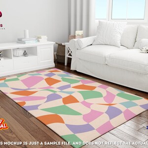 Retro Checkered Rug – 70s Wavy Pastel Carpet, Y2K Indie Room Decor, Danish Aesthetic Dorm Rug, Groovy Home Accent