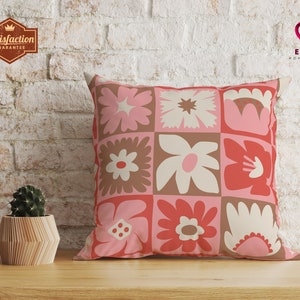 Scandinavian Checkered Pillow, Danish Pastel Checkered Throw Pillow, Scandinavian Folk Art Checkered Flower Decor, Pastel Pink Hygge Pillow