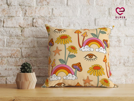Groovy Mushroom Pillow, Retro Amanita Mushroom Cushion Cover, Mushroom Decor, Trippy Cottagecore Pillow, 70s Mushroom Pillow Case