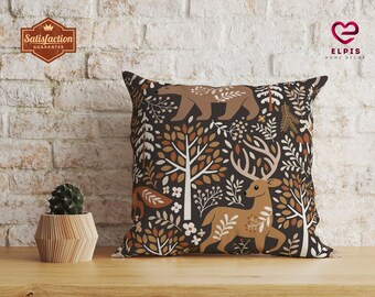 Scandinavian Woodland Animals Throw Pillow, Swedish Norwegian Folk Art Woodland Cushion, Nordic Folk Art Pillowcase, Rabbit Fox Bear Deer