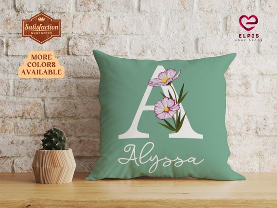 Sage Green Letter Cushion, Personalized Cosmos Flowers Letter Pillow, Pink Monogram Pillow, Custom Initial Pillow Cover, Blue Name Cushion