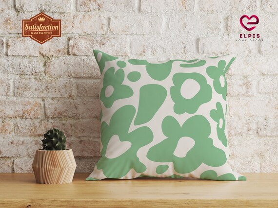 Groovy Green Daisy Pillow, Sage Flower Pillow, Indie Aesthetic Decor, Danish Pastel Decor, Abstract Flower Cushion, Preppy 70s Pillowcase