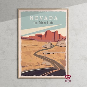 Retro Nevada poster, Nevada reiscadeau, zilveren staat muurkunst, vintage mojavewoestijn muur decor, Fire Canyon Art Print, Nevada staat cadeau
