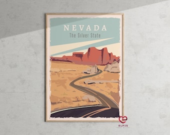 May include: A vintage-style poster with a scenic view of a winding road through a desert landscape. The poster features the text "NEVADA The Silver State" in a light blue and white color scheme.