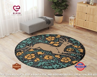 Deer Round Rug, Woodland Decor, Forest Animal Rug, Woodland Round Carpet, Vintage Floral Design, Cute Deer w Flowers Room Decor, 5ft Round