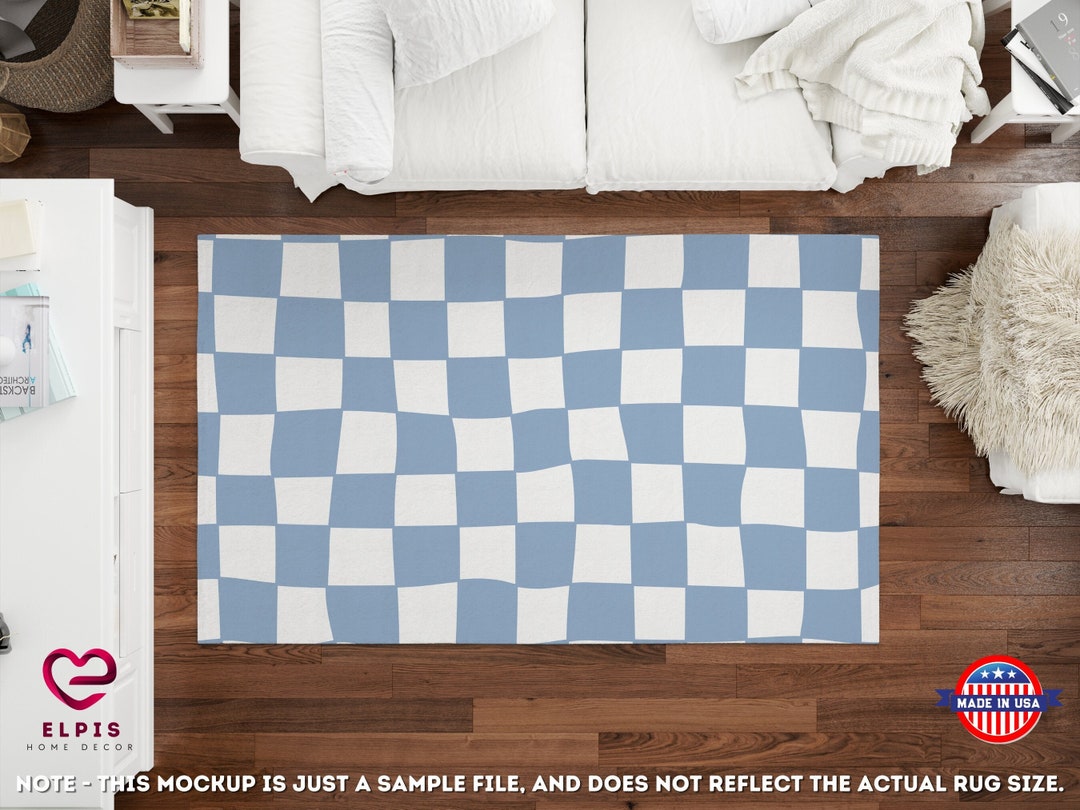 Blue Wavy Checkered Rug, Retro Groovy Optical Illusion Area Rug for ...