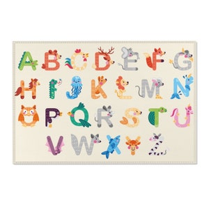 Animal Alphabet Rug, Danish Pastel Kids Room Decor, Beige English Alphabet Area Rug, Nursery Decor, Cute Animals Educational Playroom Rug 2x3 ft - 60cmx90cm