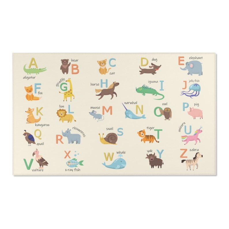 Danish Pastel ABC Rug, Beige Nursery Decor, Cute Animal Alphabet Rug, ABC Playroom Rug, Educational Kids Room Decor, Kindergarten Rug 3x5 ft - 90cmx150cm