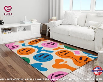 Melting Smiley Face Area Rug, Trippy Y2K Dopamine Room Chenille Carpet
